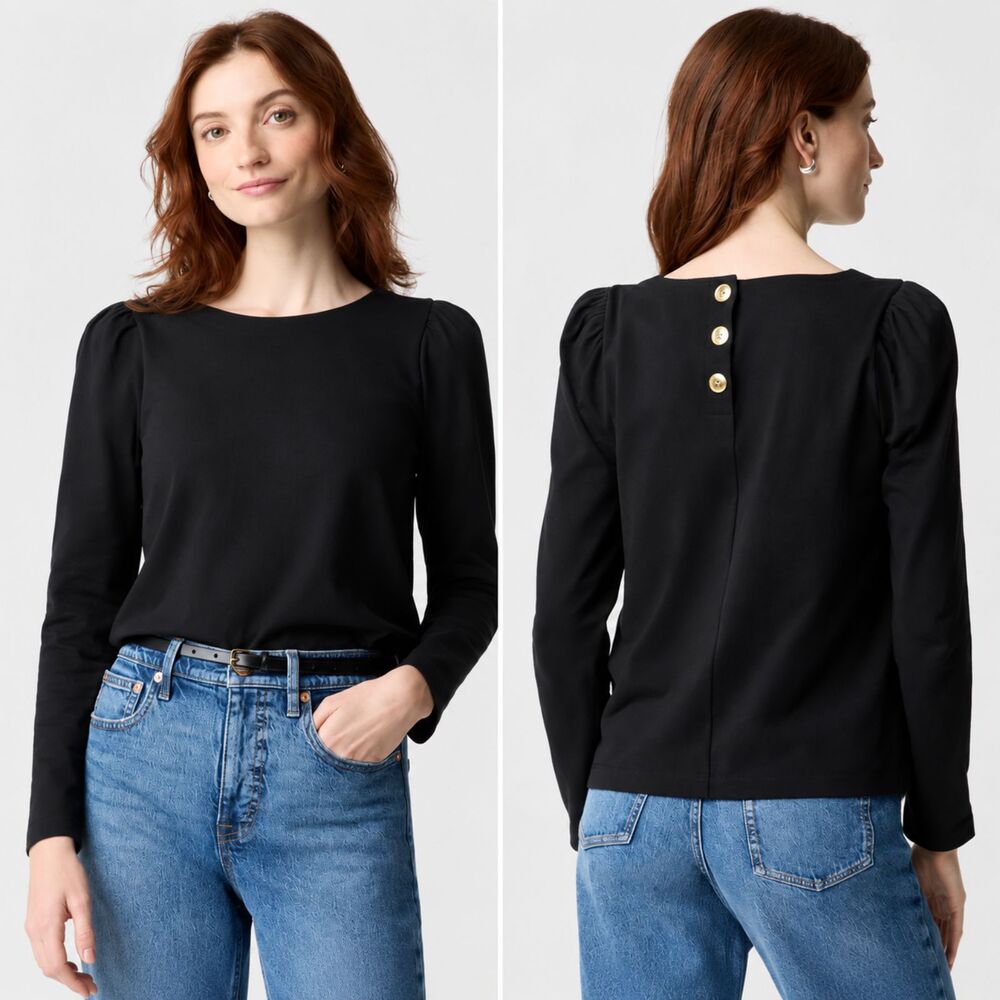 J. Crew Women's Puff Sleeve Button-Back Top Black Size XS NWT